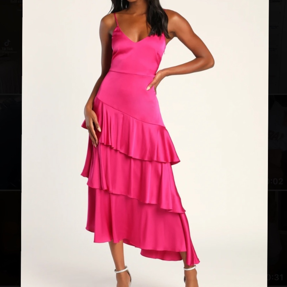 Charming Crush Hot Pink Satin Tiered Ruffled Midi Dress